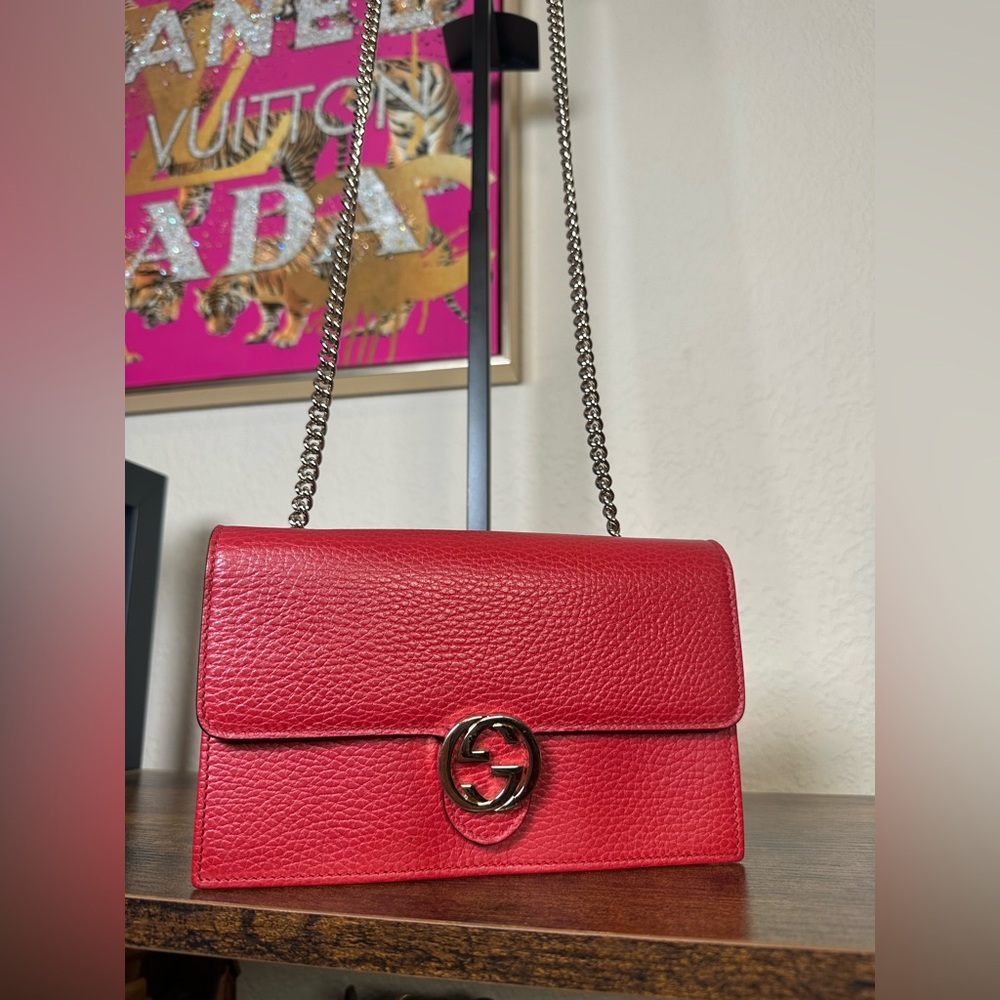 Gucci Red Interlocking GG Supreme WOC Leather Chain Shoulder Crossbody Bag